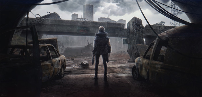 Post-apocalyptic scene with a lone figure and ruined city