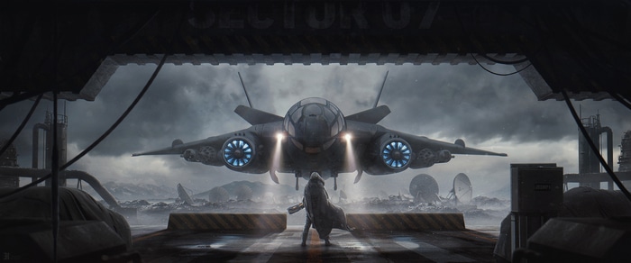 Futuristic Warrior and Jet in Hangar
