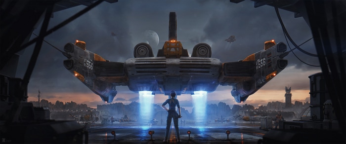 Evgenij Kungur's concept art of a spaceship in a hangar