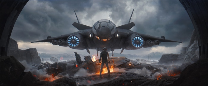 Futuristic warrior stands before a crashed spaceship