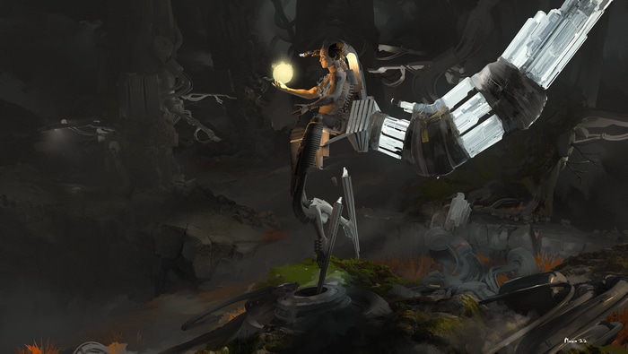 Sergey Musin's Futuristic Cyborg Holding a Glowing Orb