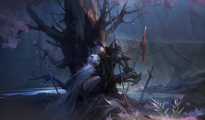Fantasy knight and fairy by a tree