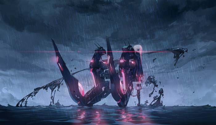Girl and mechanical structure in the rain