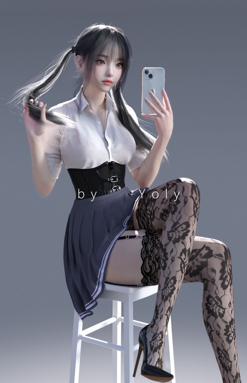 Yoly in school uniform with stockings and heels