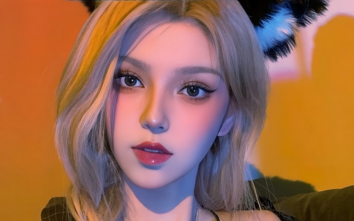 Asian woman with cat ears and makeup