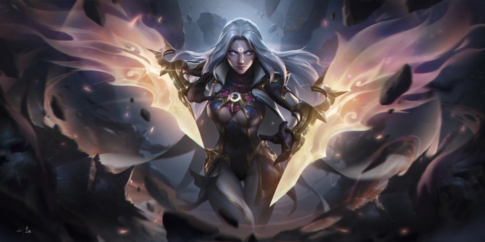 Fantasy warrior woman with white hair and glowing energy