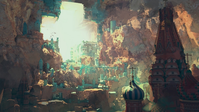 Digital art of a fantasy city built into cliffs
