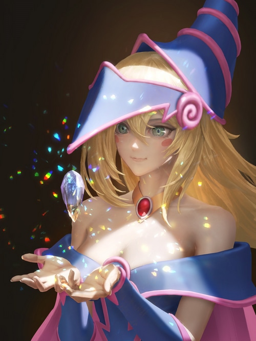 Dark Magician Girl from Yu-Gi-Oh! casting magic