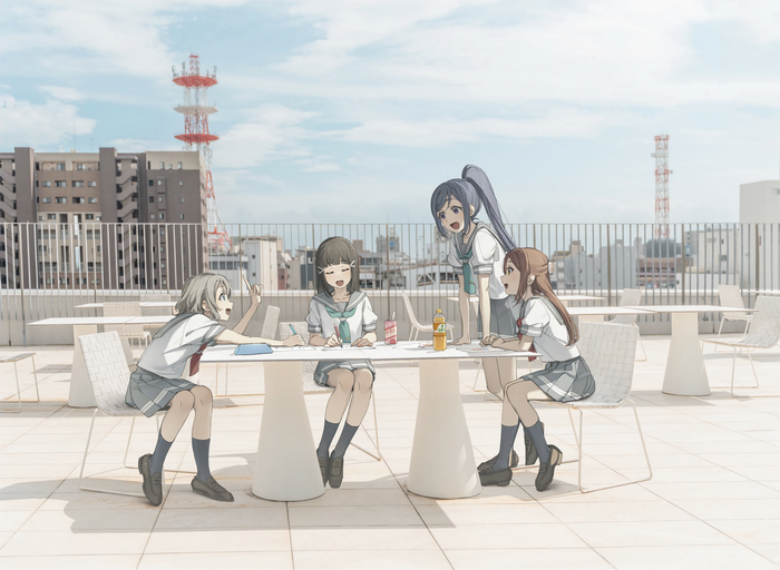Love Live! Sunshine!! girls studying on a rooftop