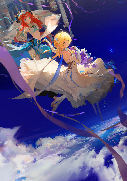 Lumine and Nilou from Genshin Impact in the sky