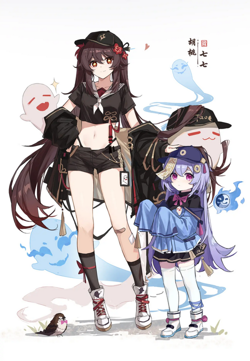 Hu Tao and Qiqi from Genshin Impact with ghosts
