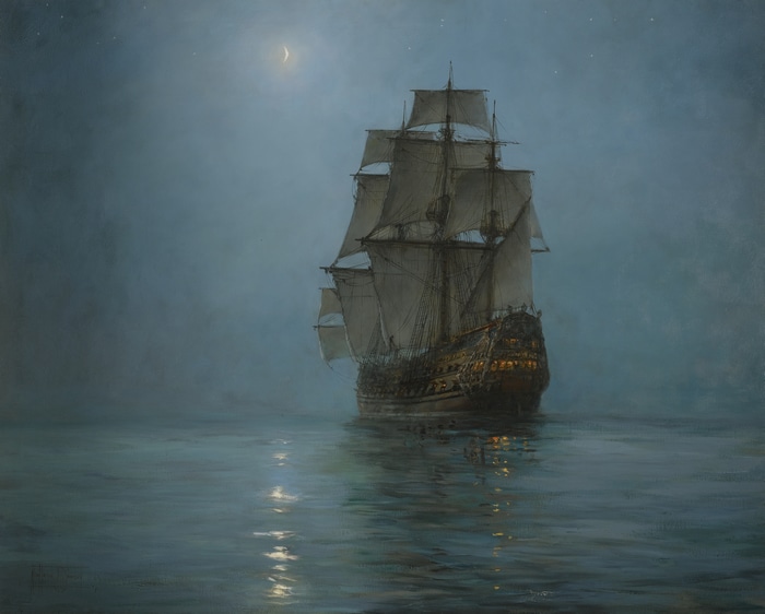 Oil painting of a sailing ship at sea under the moon