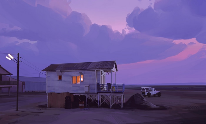House on stilts at dusk with a white SUV
