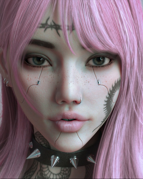 Portrait of a woman with pink hair and tattoos