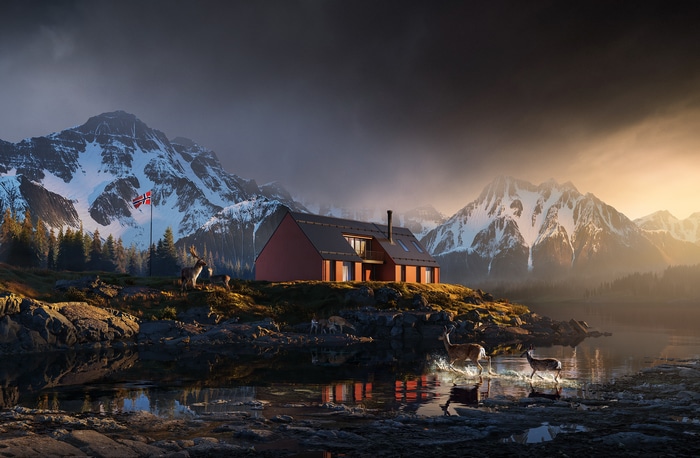Red house with deer and Norwegian flag in snowy mountains