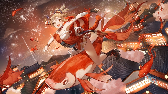 Genshin Impact: Yoimiya Rides a Koi Fish Amidst Fireworks