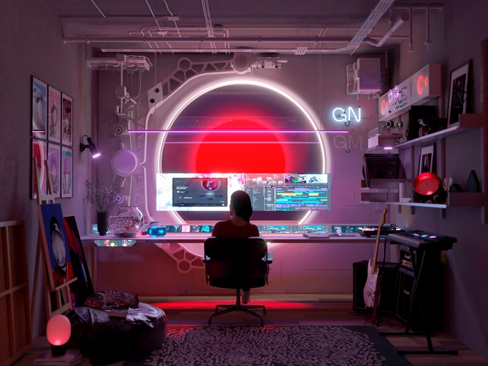 Futuristic room with a person at a computer