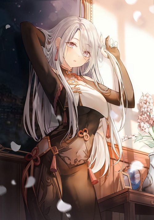 Shenhe from Genshin Impact with silver hair