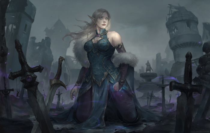 Mirabella Dawnsinger kneeling in a ruined fantasy landscape