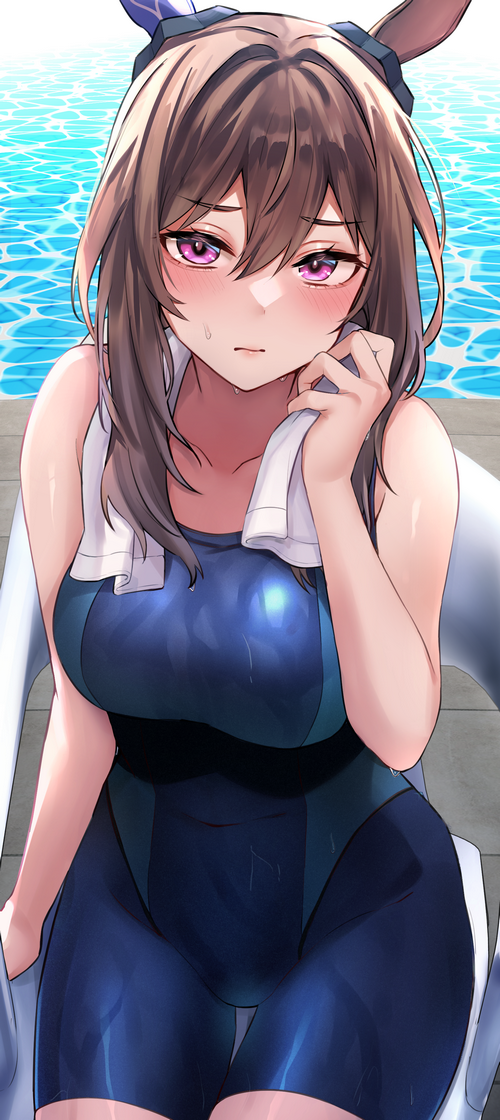 Admire Vega in a one-piece swimsuit by a pool