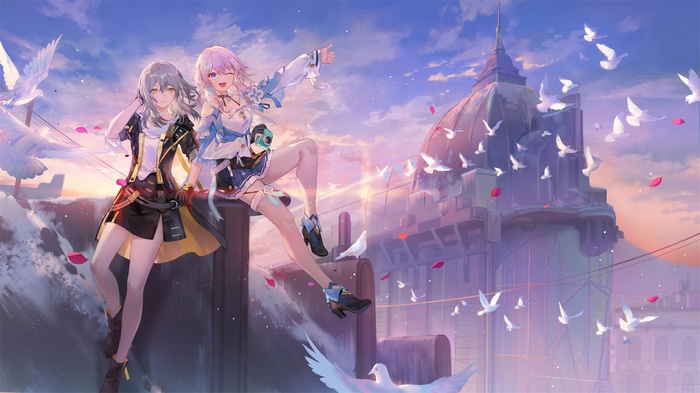 Two anime girls with birds flying around a building