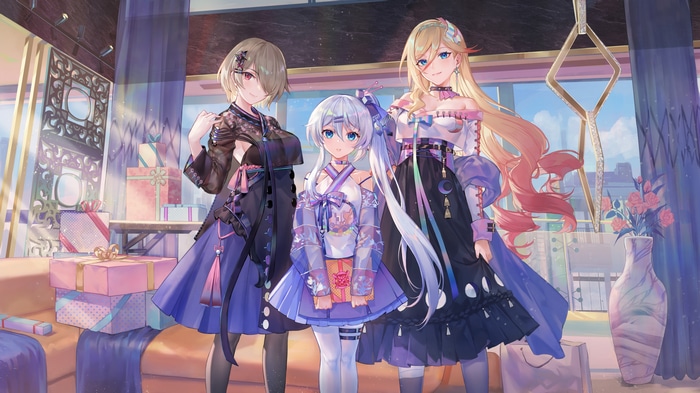 Three anime girls with presents in a room