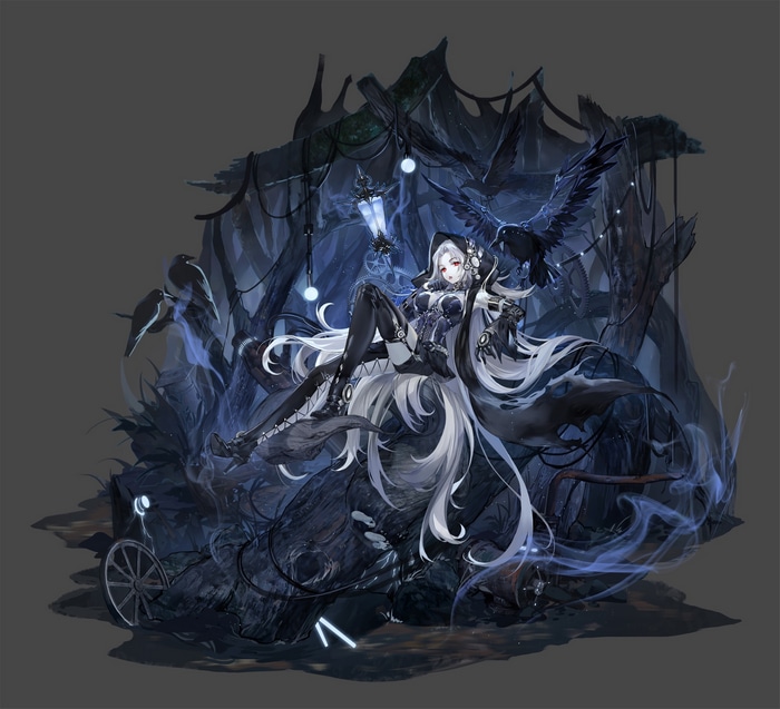 Gothic woman with silver hair and crows