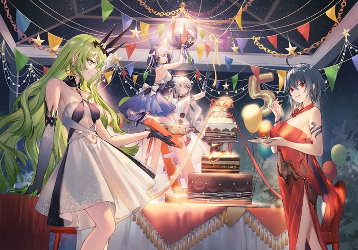 Anime characters celebrating anniversary with cakes and balloons