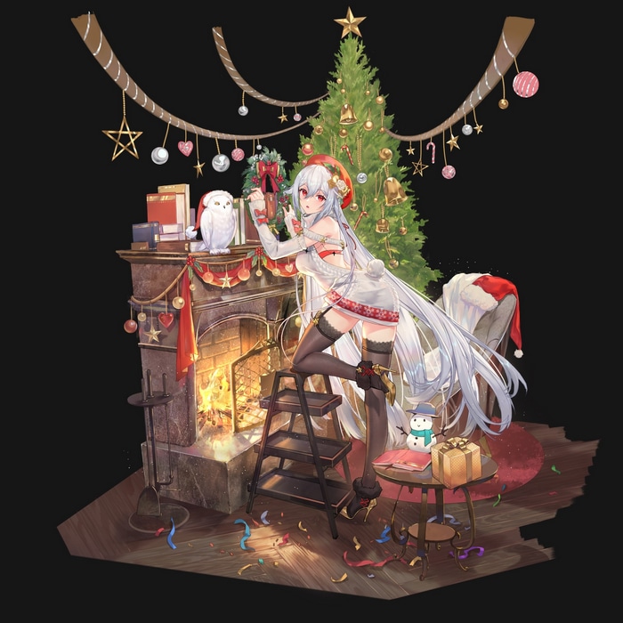 Anime girl decorating Christmas tree by fireplace