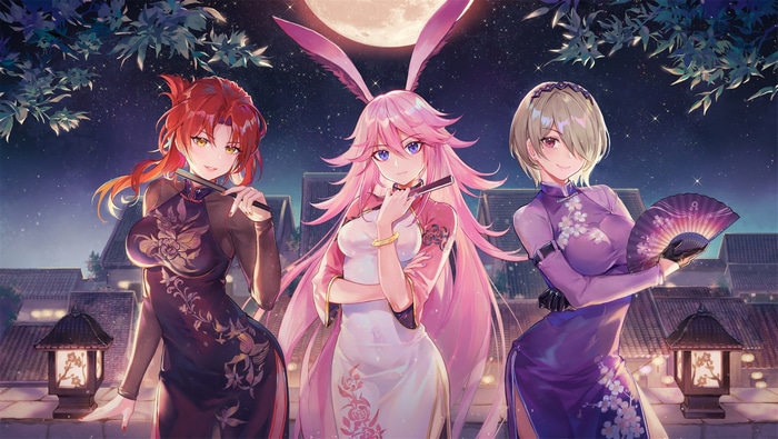 Three anime girls in Chinese dresses under the moon