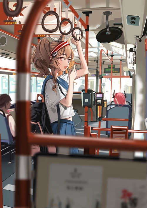 Anime girl in school uniform on a bus