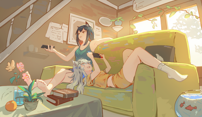 Wolf girls playing Nintendo Switch on a couch