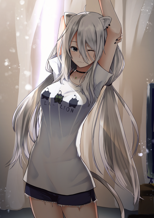 Shishiro Botan stretching with cat ears