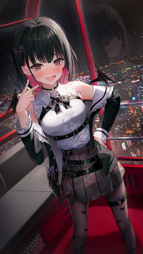 Girl with bat wings in a Ferris wheel at night