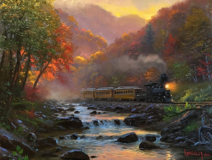 Mark Keathley painting of a steam train in autumn