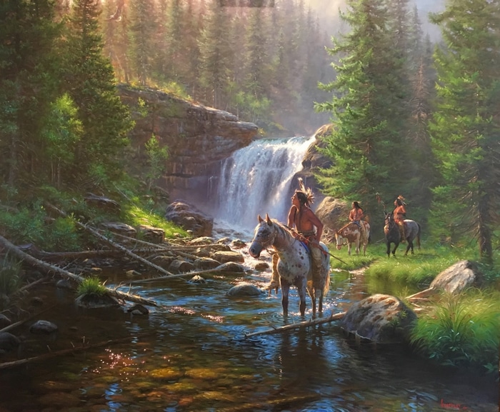 Native Americans on horseback by a waterfall