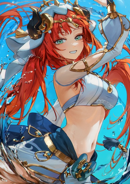 Nilou from Genshin Impact in water with twintails and horns