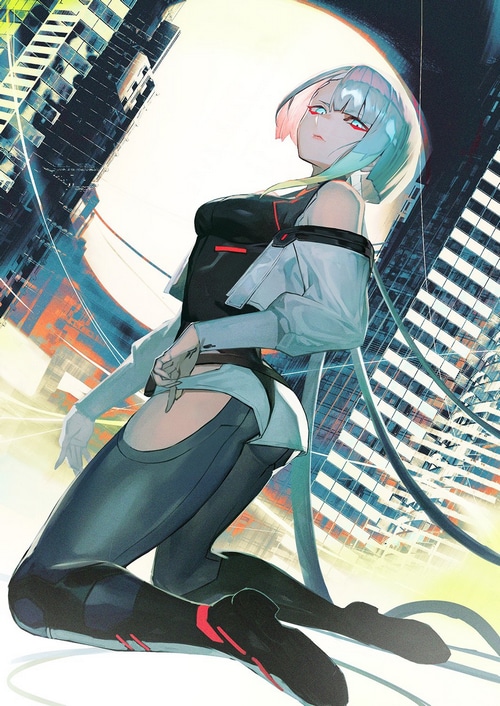 Lucyna Kushinada from Cyberpunk: Edgerunners in a city