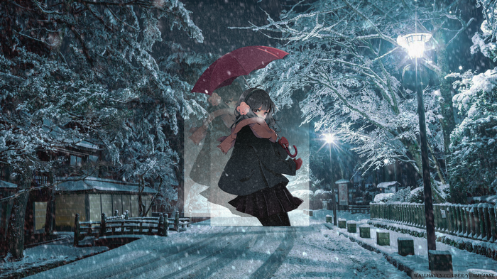Girl with umbrella in winter snow at night