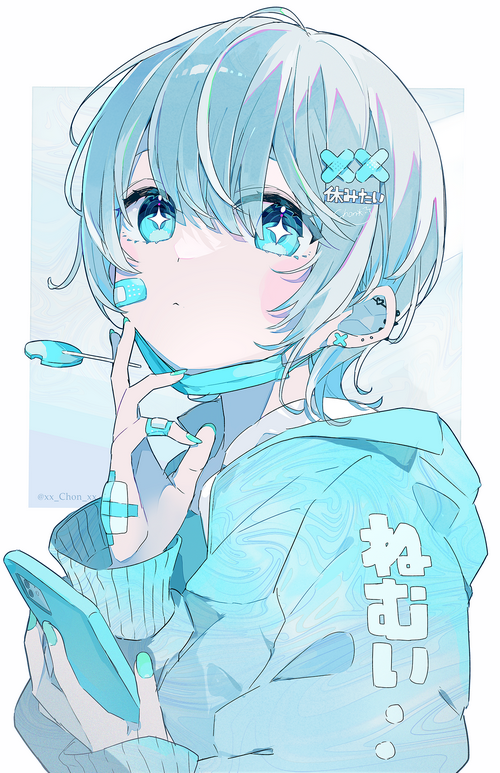 Anime girl with blue hair and star eyes holding a phone