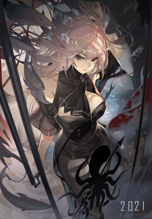 Anime girl with fish and octopus