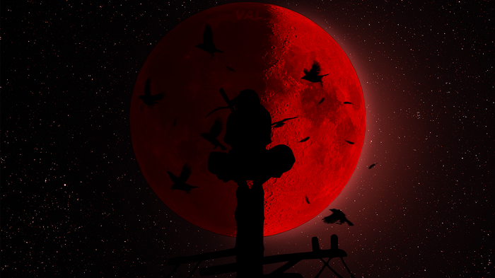 Itachi Uchiha silhouette against a red moon with birds