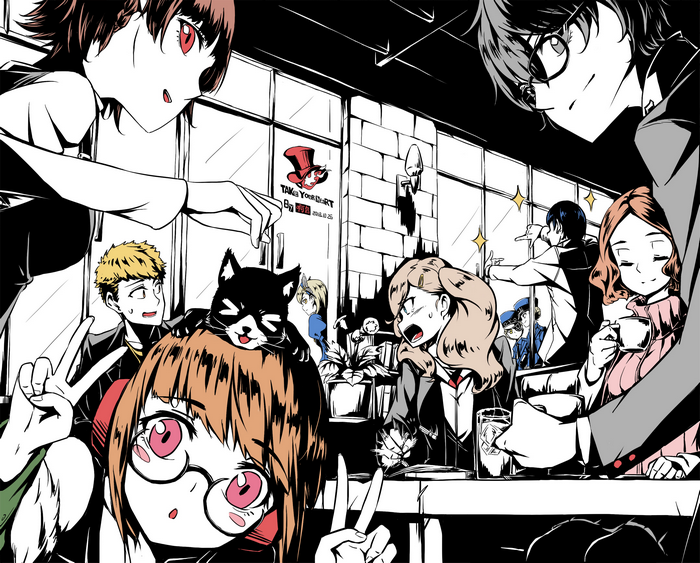 Persona 5 characters at a cafe with a cat
