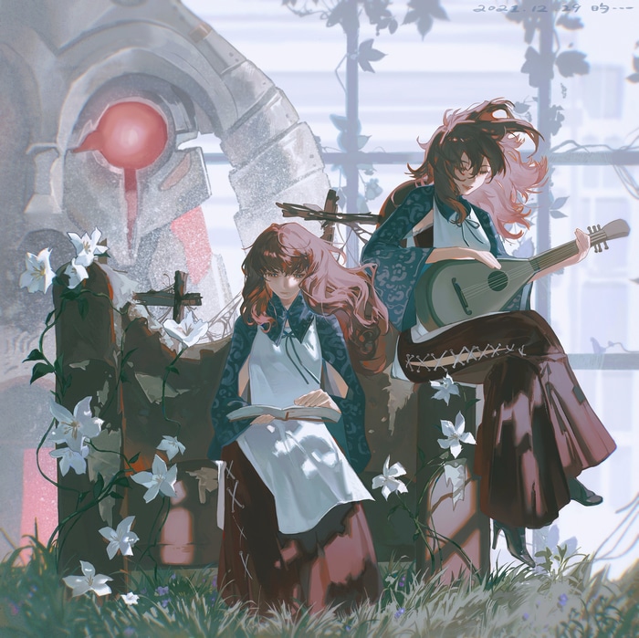 Devola and Popola from NieR Replicant with flowers
