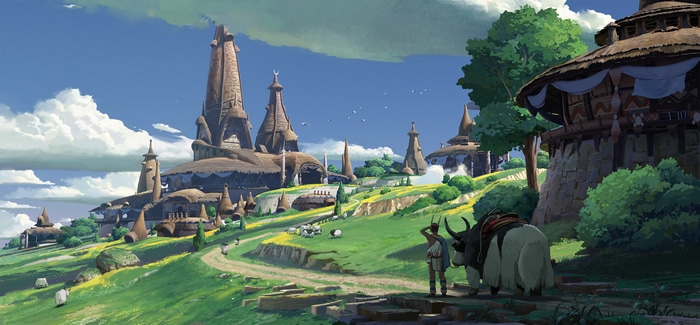 4K concept art of a fantasy town with unique architecture and animals