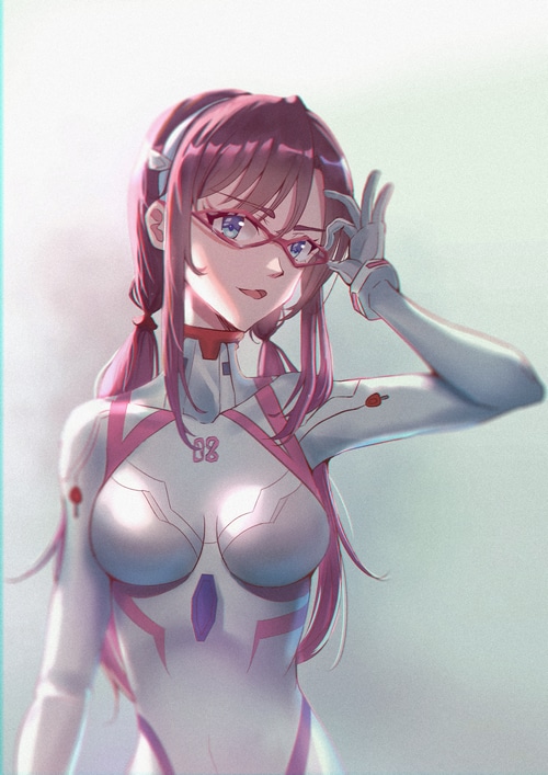 Makinami Mari Illustrious in a white and pink bodysuit