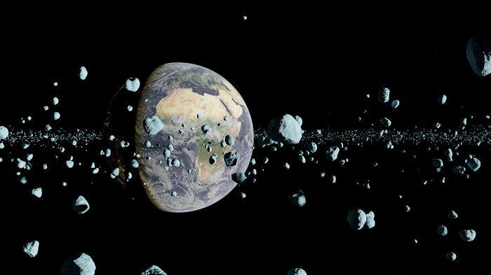 4K Earth surrounded by asteroids in space