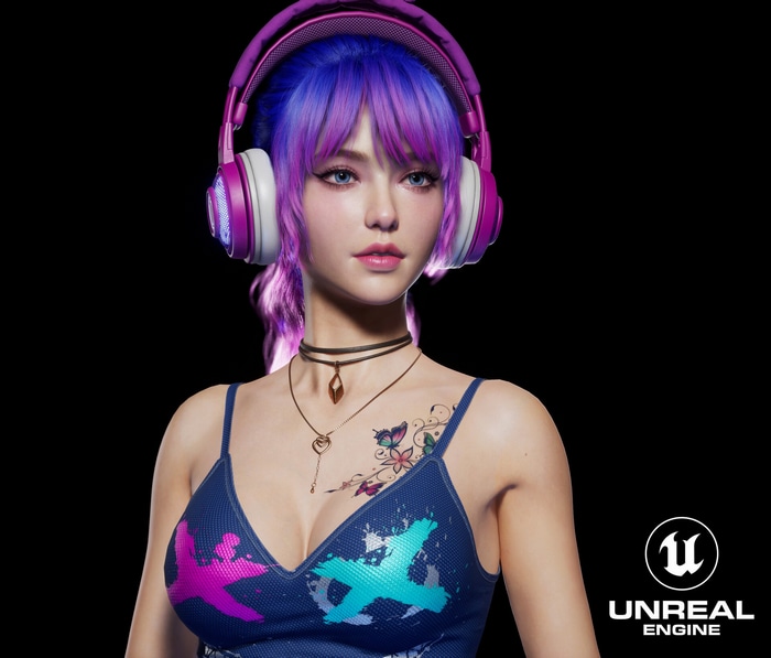 Woman with purple hair and headphones
