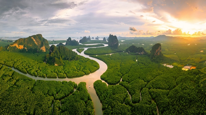 4K Aerial View of River and Mountains in Thailand
