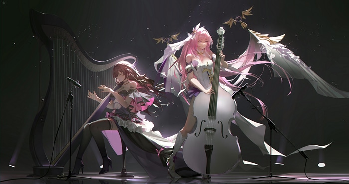 Honkai Impact: Girls Playing Harp and Double Bass
